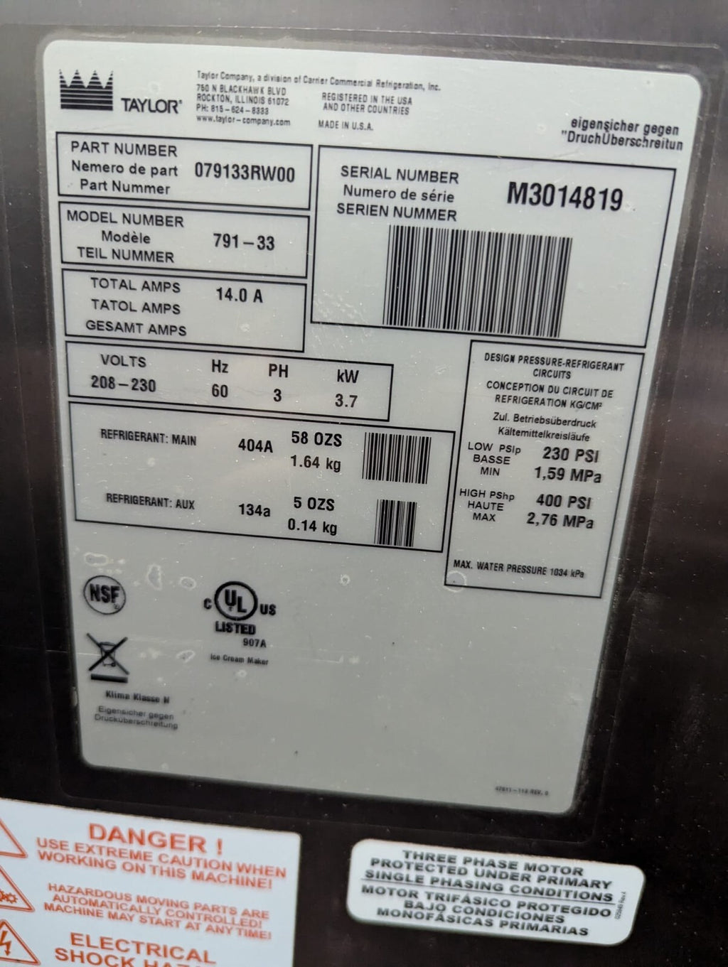 Taylor 791-33 Soft serve Ice cream machine Year 2013 Water Cool