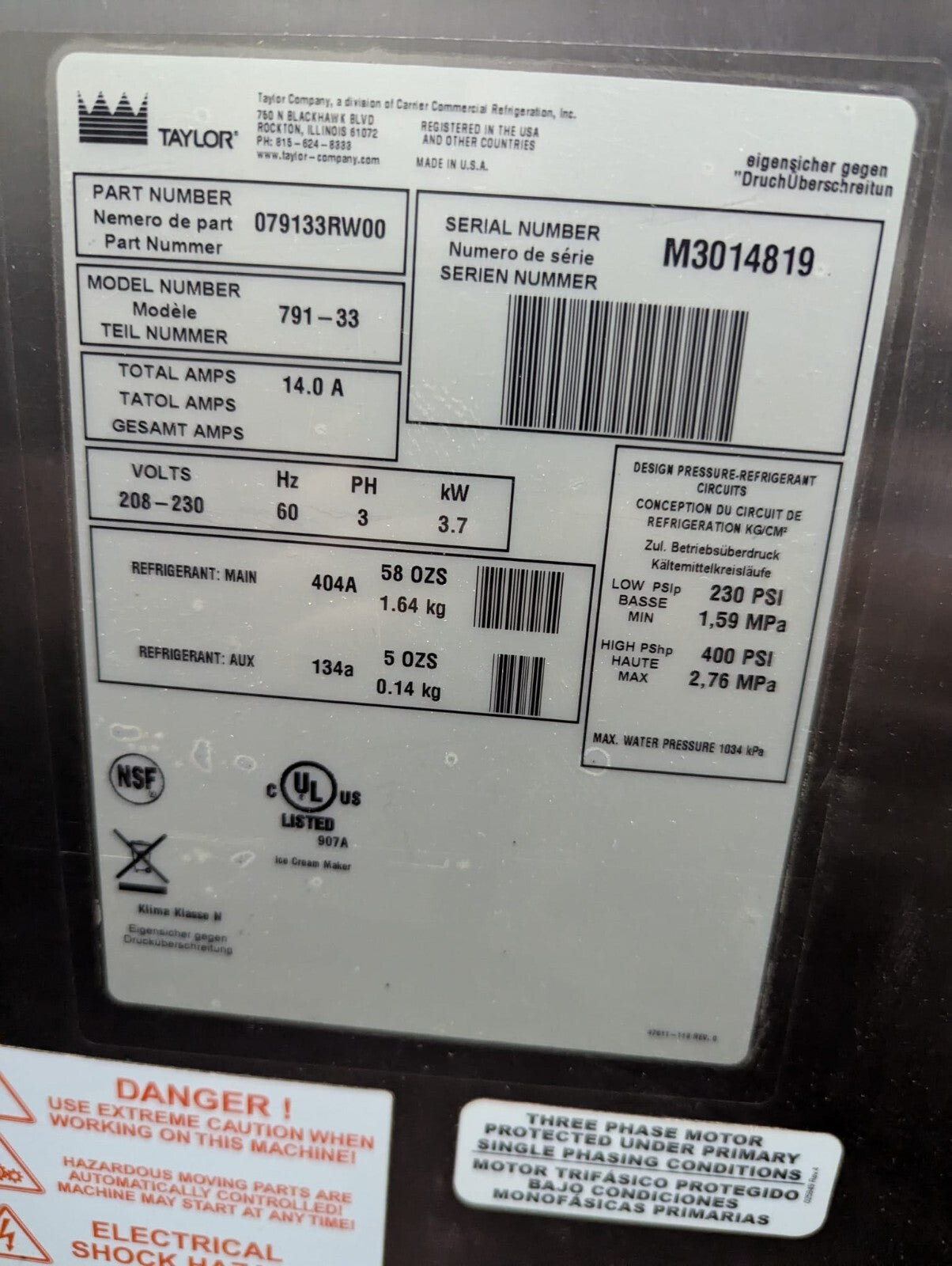 Taylor 791-33 Soft serve Ice cream machine Year 2013 Water Cool