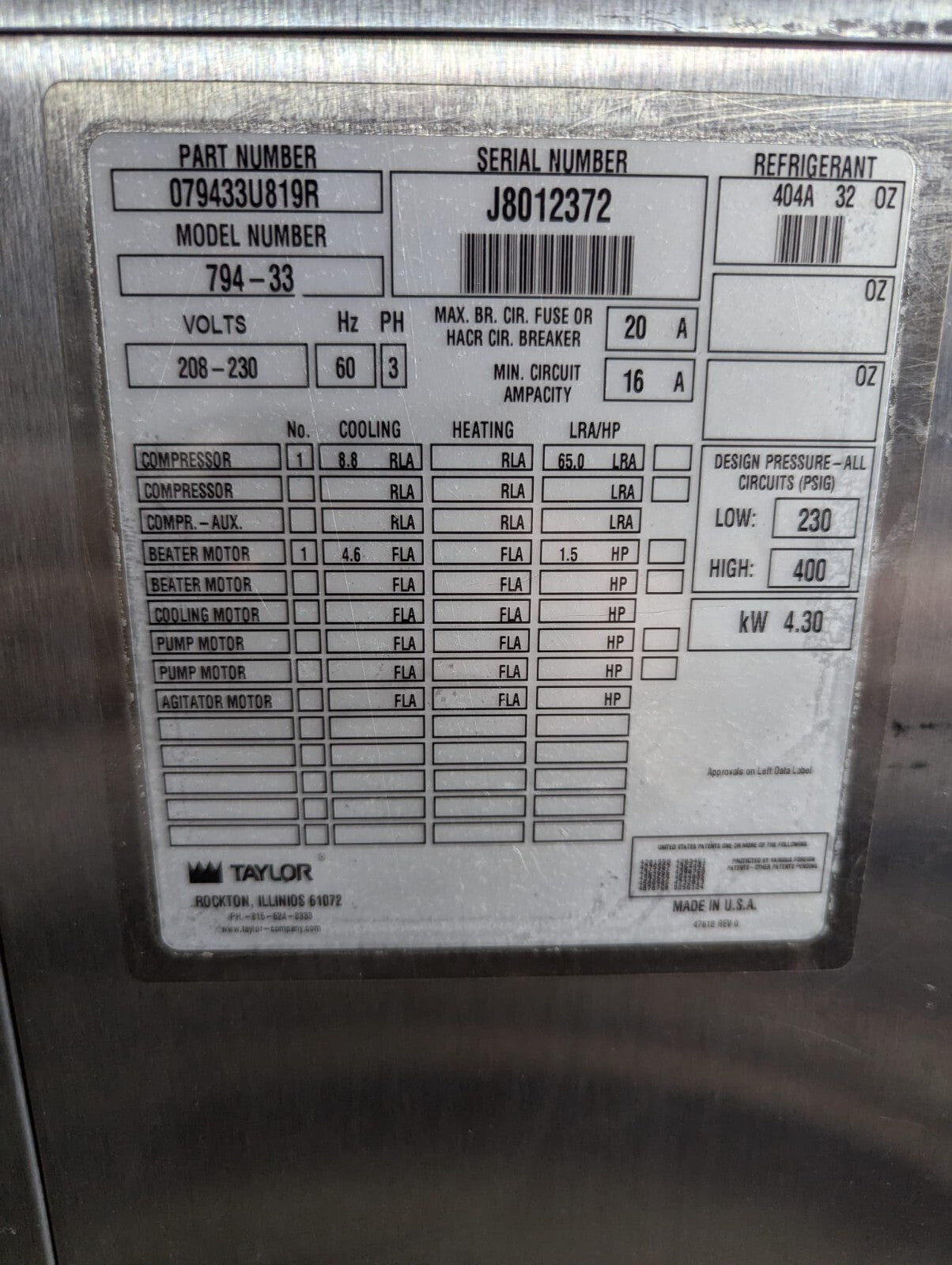 Taylor Ice cream/ Soft serve machine 794-33 Water cool