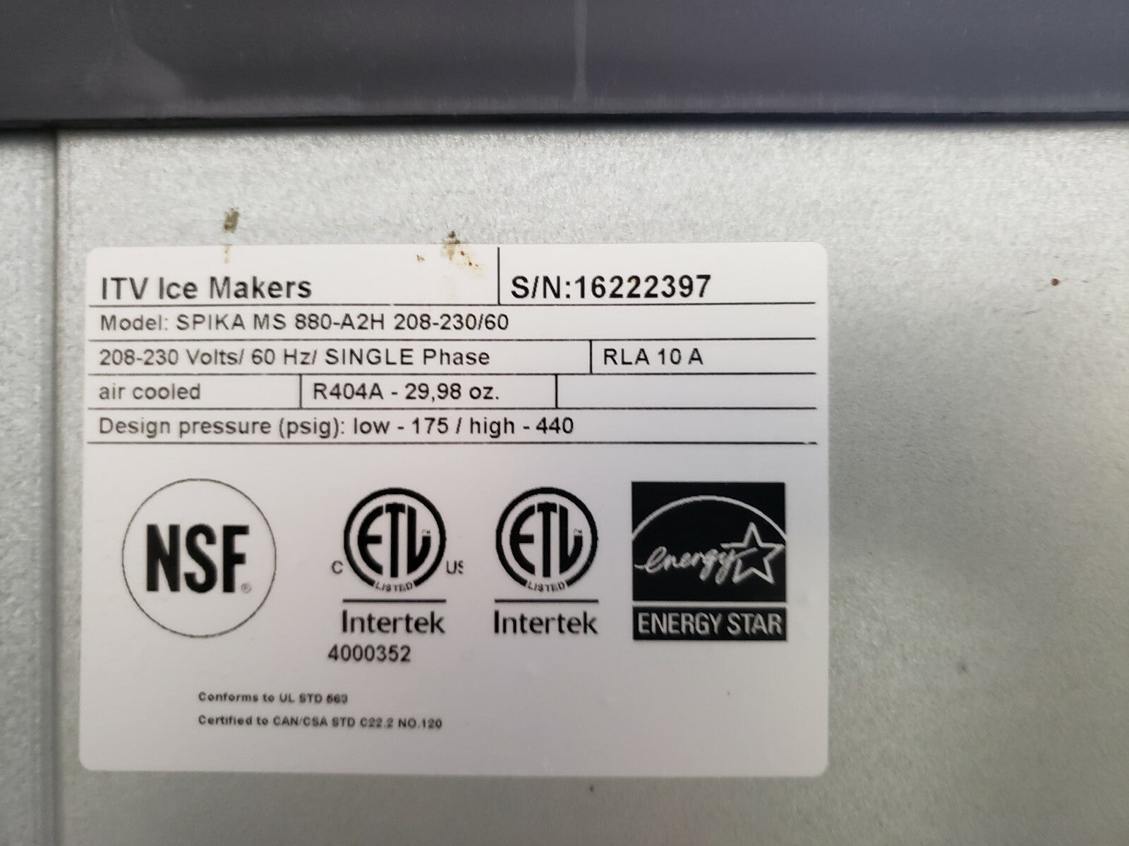 ITV model spika ms 880-a2h Modular Cube Ice maker AIR COOL with BIN #b10