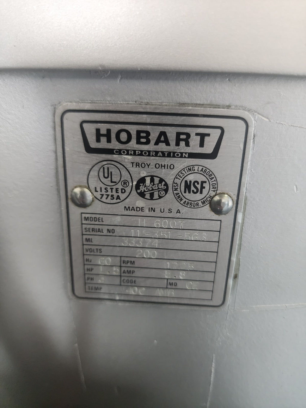 Hobart H-600T Commercial Pizza Dough Mixer 60QT 3ph 1.5hp 200V4
