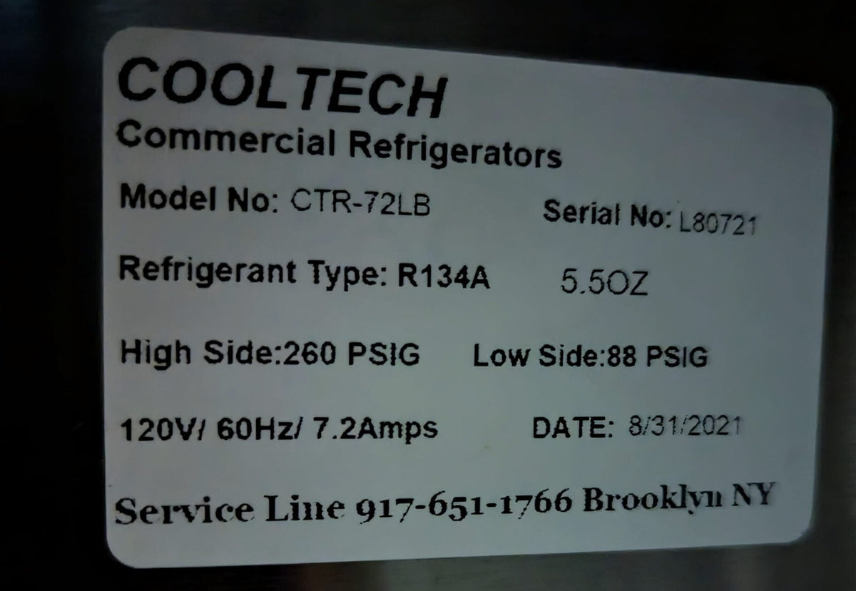 Cooltech 2-1/2 Door Low Boy Worktop Refrigerator 72" ctr-72lb3