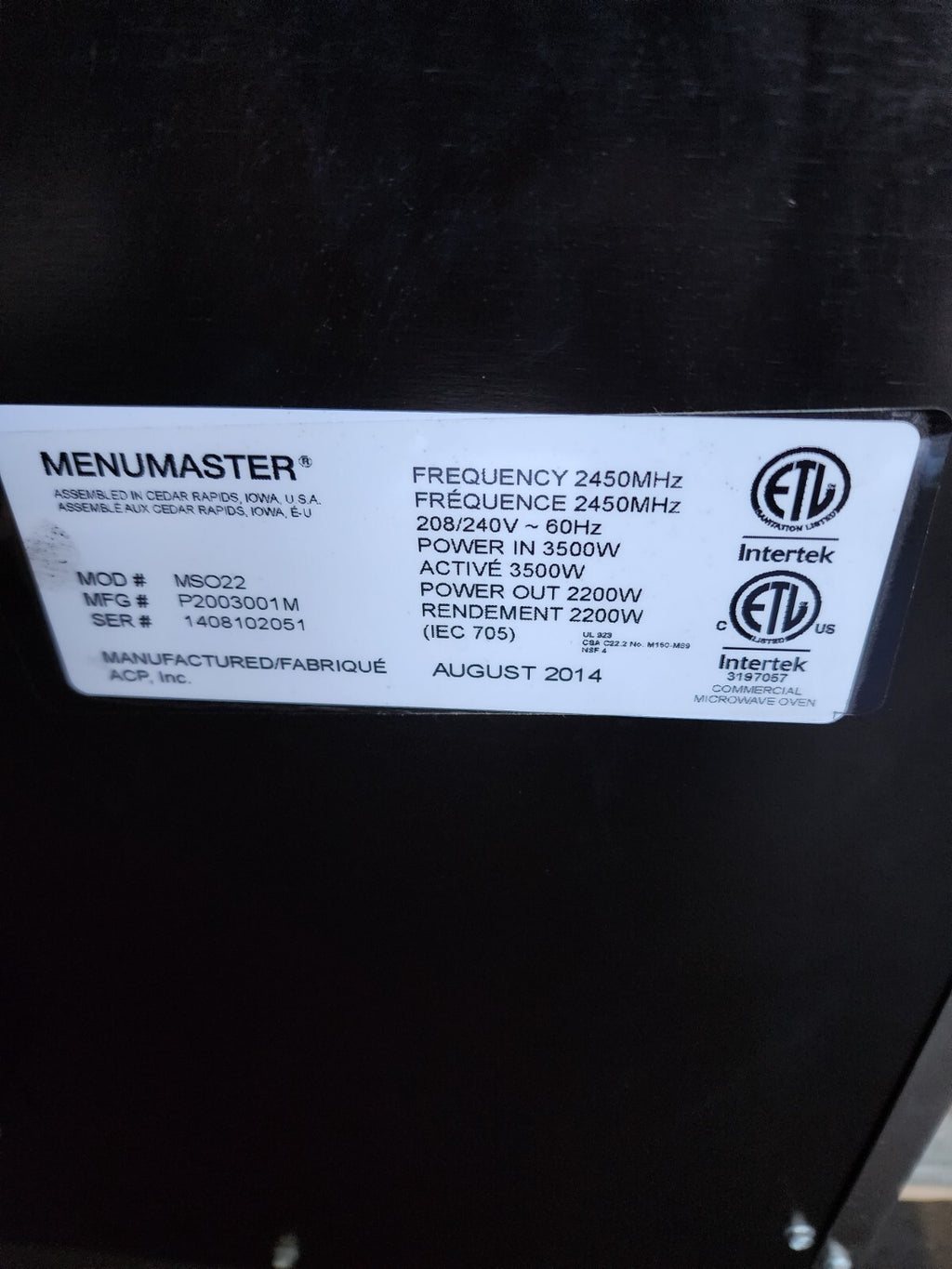 ACP MSO22 Menumaster Heavy Duty Commercial Microwave Steamer with Touchpad #3443