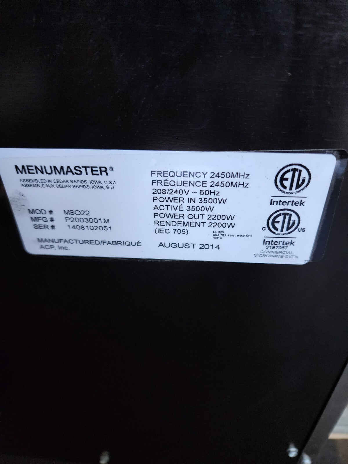 ACP MSO22 Menumaster Heavy Duty Commercial Microwave Steamer with Touchpad #3443