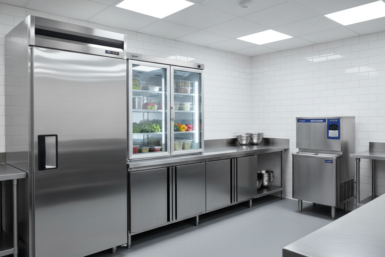 create a image of a commercial kitchen with a few different refrigeration units including a ice machine