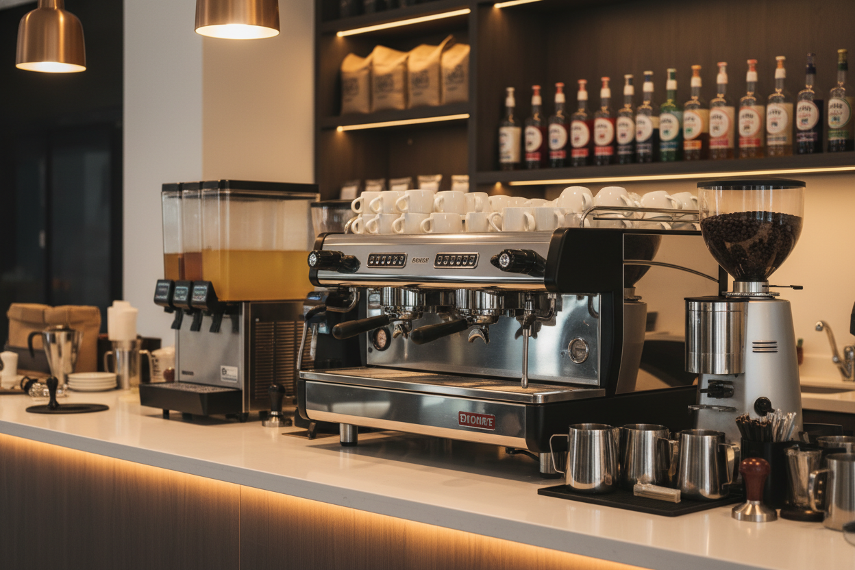 nice cafe, beverage making area showing espresso machine beverage dispenser...
